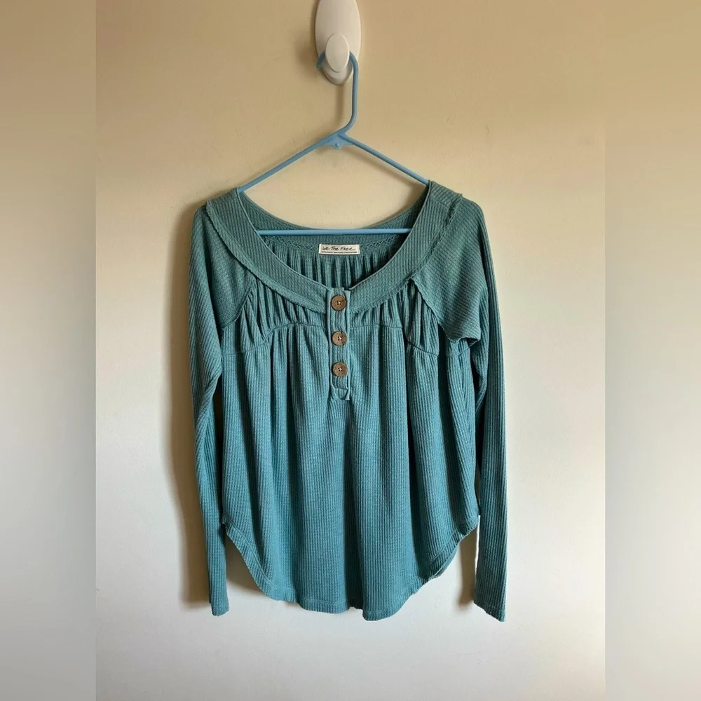 Free People We the Free Waffle Knit Henley Green Long Sleeve Size X-Small